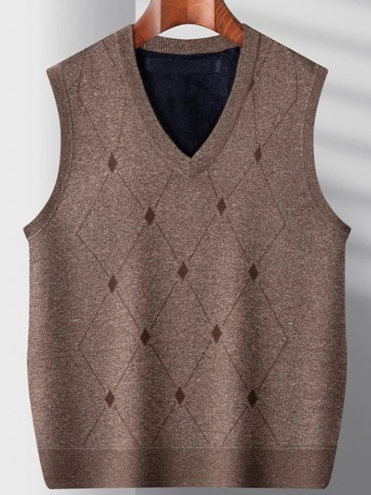 Middle Aged Men's Argyle Knitted Fleece Lined Vest Autumn Winter Thickened Korean Style Casual Waistcoat High Quality