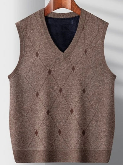 Middle Aged Men's Argyle Knitted Fleece Lined Vest Autumn Winter Thickened Korean Style Casual Waistcoat High Quality