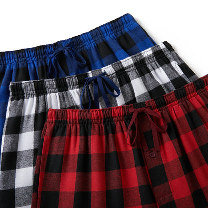 3pcs Men's Flannel Pajama Bottoms Autumn/Winter Fashion Plaid Sleeping Pants Elastic Lace Up Home Casual PJ Pants with Pockets