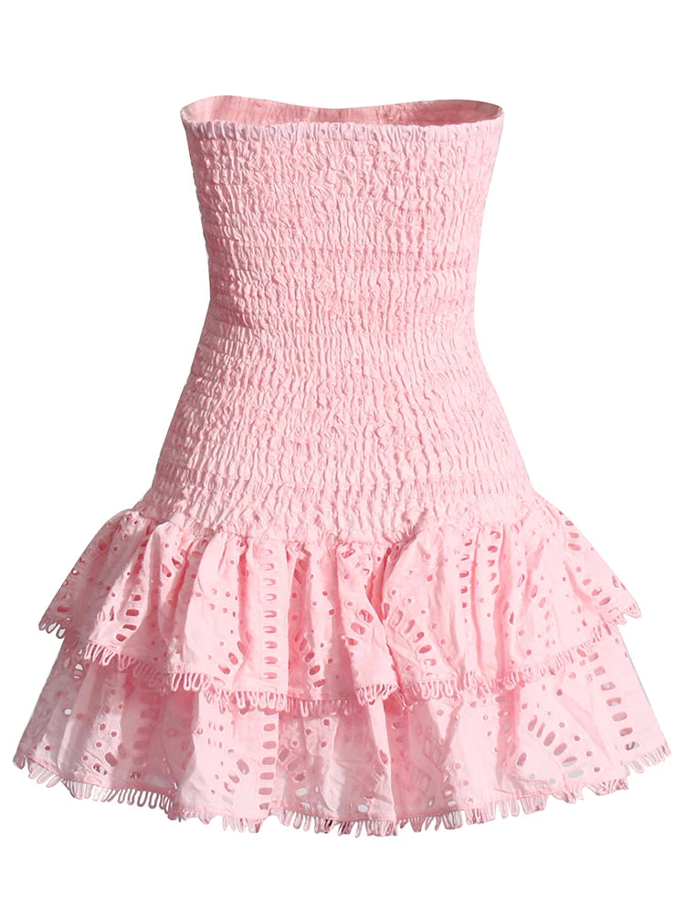 TWOTWINSTYLE Patchwork Folds Casual Dresses For Women Strapless Sleeveless High Waist Hollow Out Elegant Slimming Dress Female