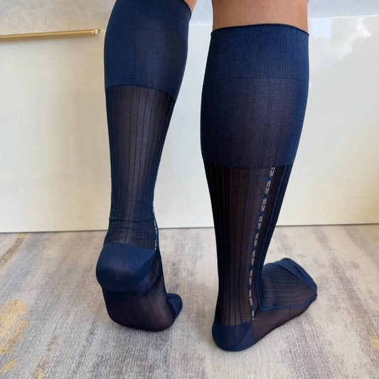 Brand Man Socks Men Transparent Sexy Stockings Ultra-thin Hight Tube Socks Sheer Elastic Striped Business Socks Formal Stockings