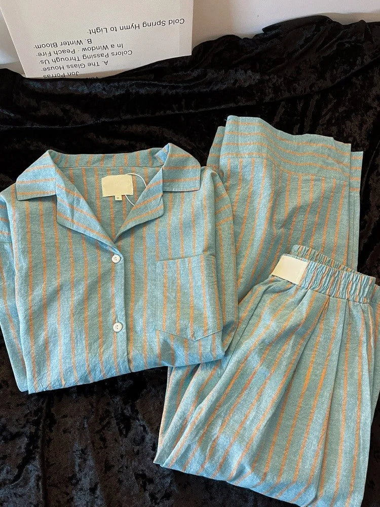 Korean Style  Striped Sleepwear Set Women's Spring Autumn Casual Long Sleeve Long Pants Comfortable Home Clothes