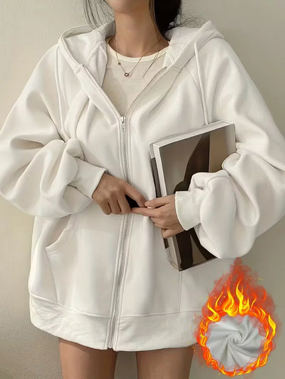 Women's Casual Oversized Hoodies Sweatshirt Zipper Pockets Solid Color Pullover Loose Fit  Autumn Winter Fall Streetwear Jacket