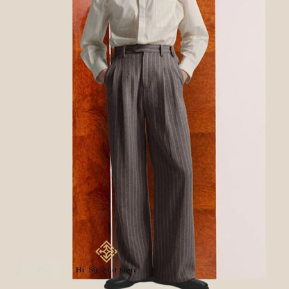 Men's High-Street Vintage Striped Pants Drapey Silhouette Melange Old Money Style Elegant Casual Trousers for Gentlemen Fashion