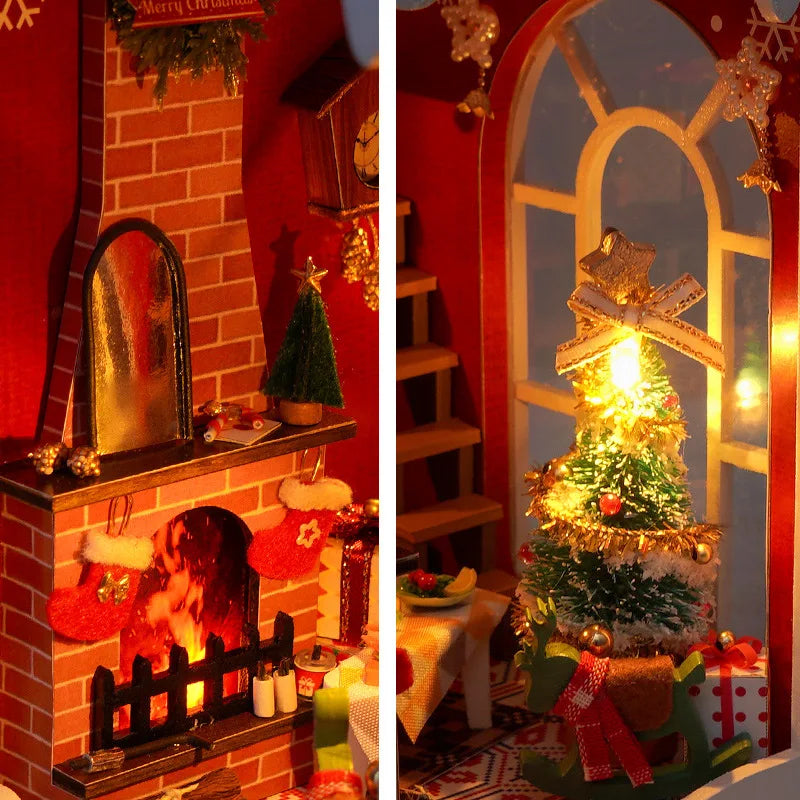 Christmas New Book Nook Miniature DIY Hut cabin Houses Bookstand Doll House Creative Puzzle Bookshelf Insert With Touch Cover