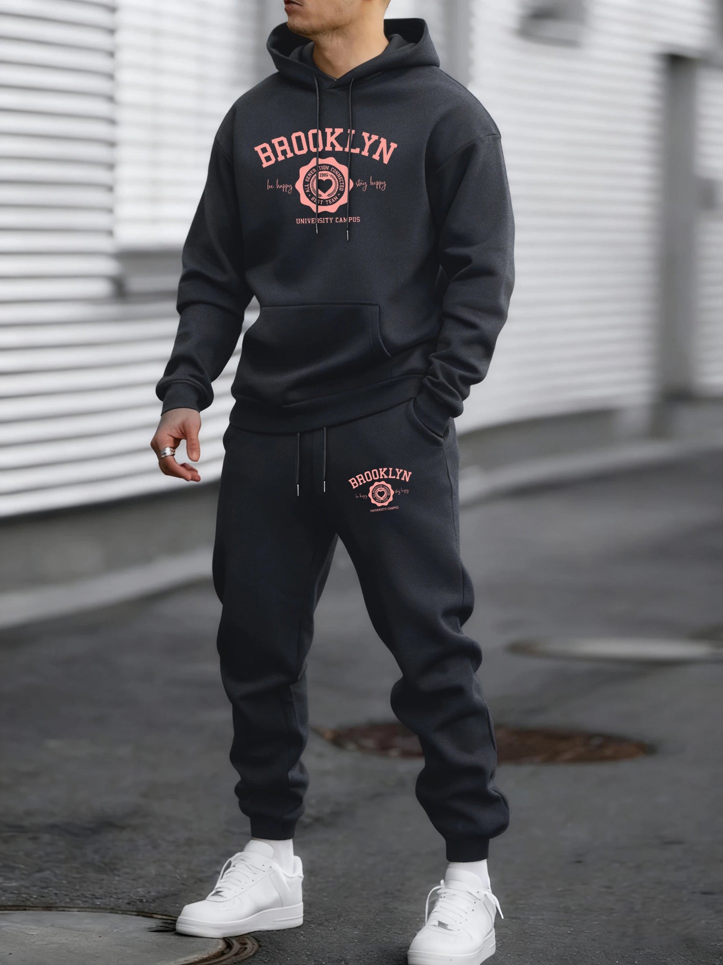 Brooklyn Best Team Heart Print Men Sportsuit Autumn Hip Hop Hoodies Soft Fleece Simple Pants Maleloose Fashion Sportswears