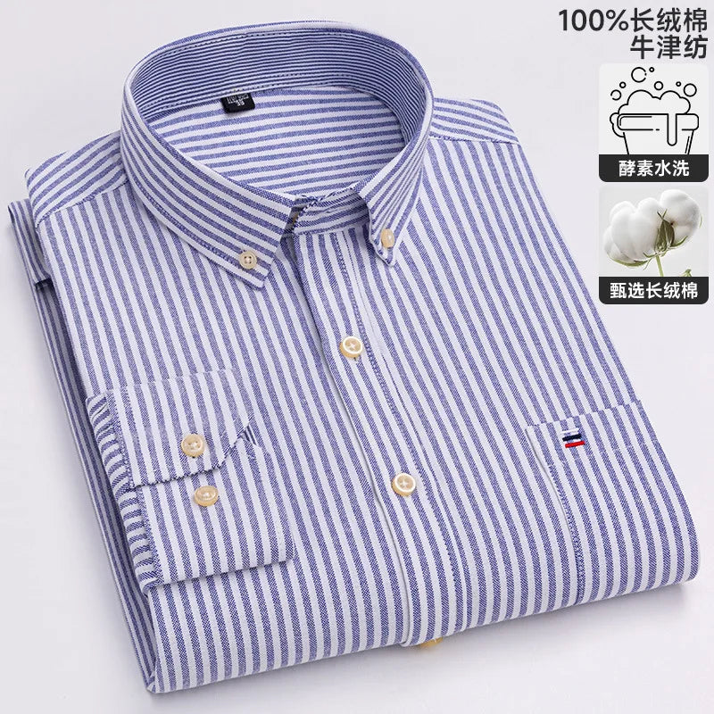 100% cotton men's long-sleeved shirt, casual plaid cotton shirt for young and middle-aged people, large size, authentic shirt
