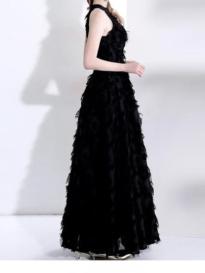 Elegant White Feather Evening Dress Hanging Neckline Engagement Birthday Adult Ceremony Ultra Fairy High End Long Skirt