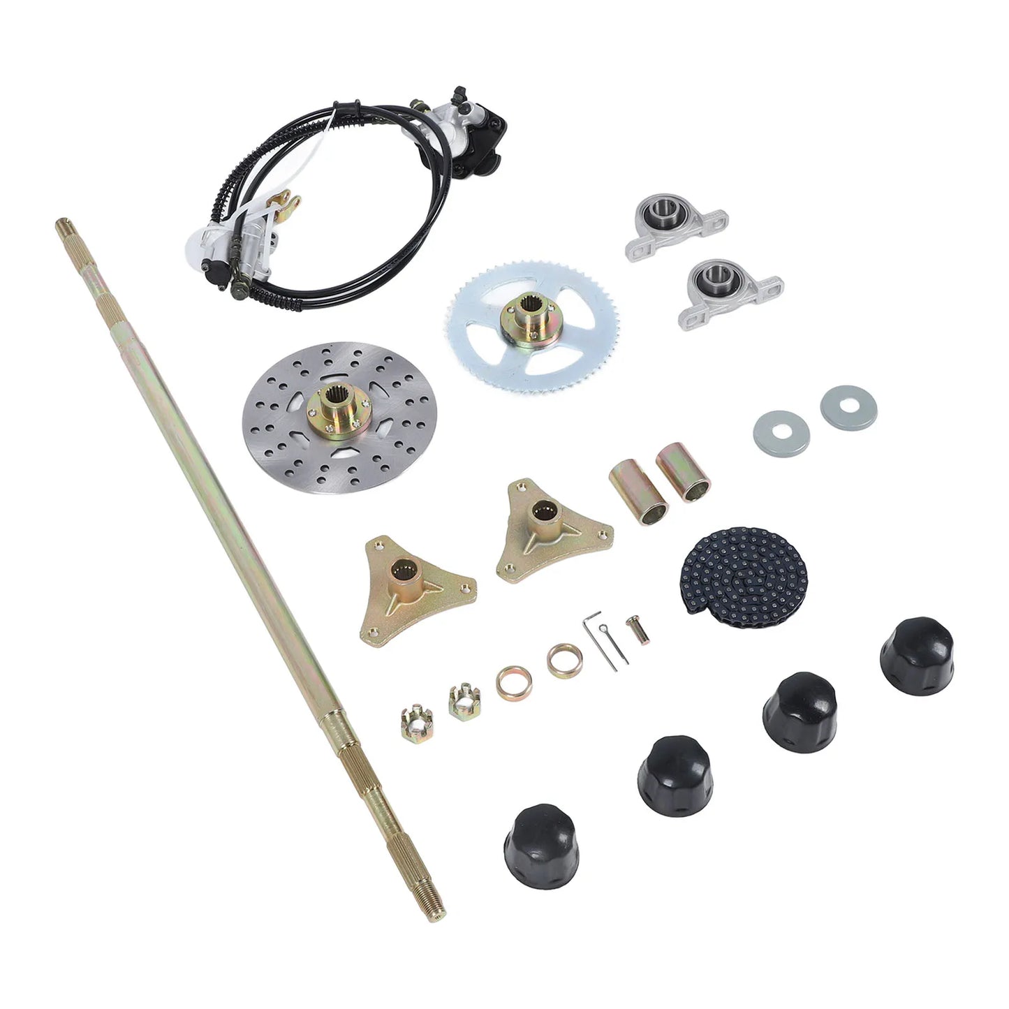 Go Kart Rear Axle Assembly 29in Axle Length Sturdy Chain Sprockets Disc Brake Calipers Kit for 50cc 70cc 90cc ATV Quads