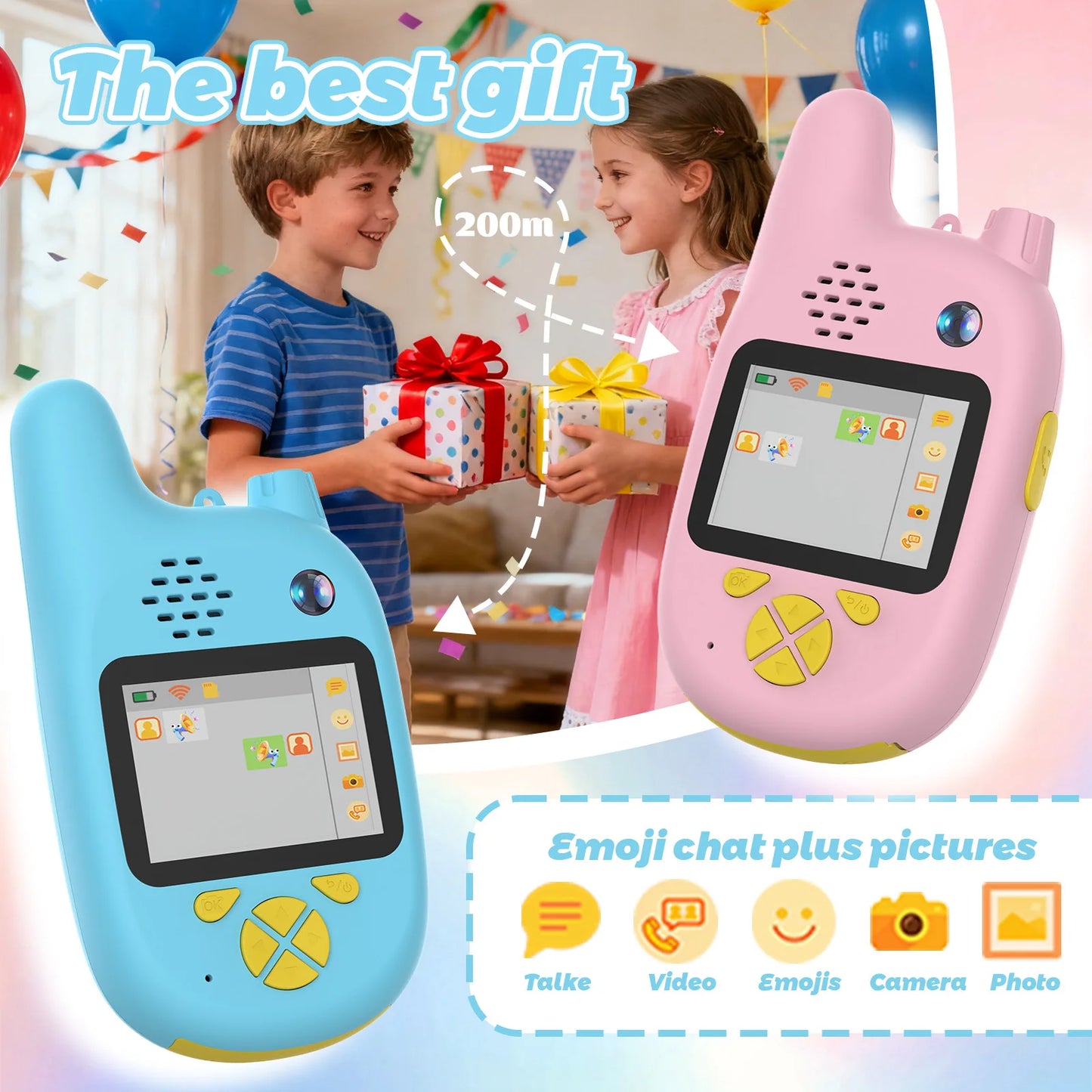 Children's Video Walkie-Talkie 2-Pack with Display Screen Voice Converter and Real-Time Video Chat Long-Range Gift for Children