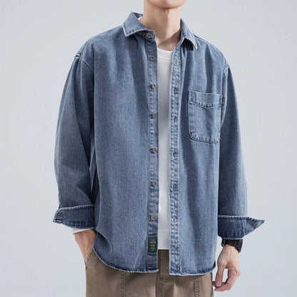 Denim Shirt Men's Long Sleeve 2025 Spring and Autumn Japanese Retro Loose Tooling Shirt, Boys Casual Jacket