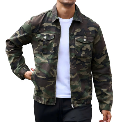 Men's Camouflage Work Jacket, Lapel Zipper Multi-pocket Casual Coat, Retro Trendy Top