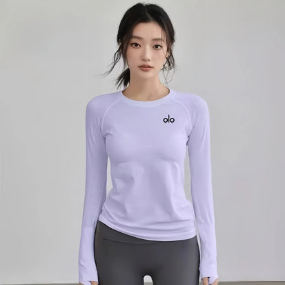 ALOUSIV New Long Sleeve round Neck Fitness Clothes Women Summer Running Pilates Training Top Yoga T-Shirt Breathable Nylon
