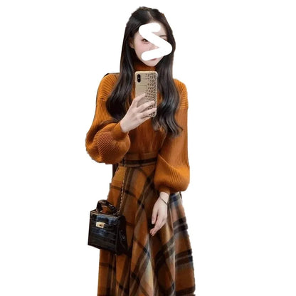 Retro Knitted Sweater Skirt Set Women's Plaid  Skirt Long Sleeve round Neck Two-Piece Suit Autumn Fashion Casual Wear