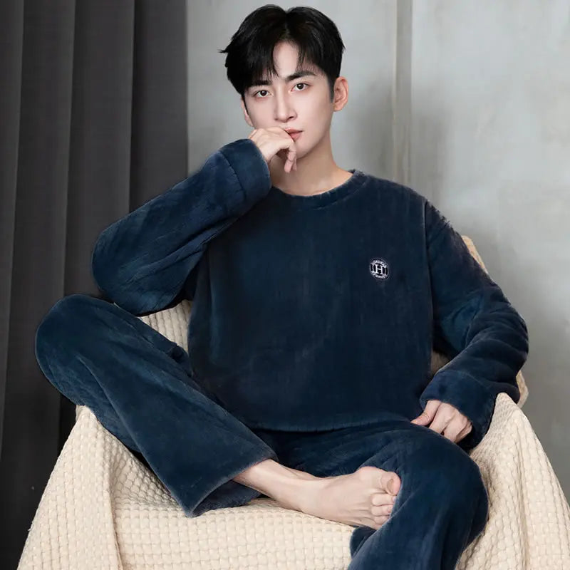 Thickened Flannel Sleepwear for Men Winter Coral Fleece Home Clothes Set Spring Autumn Winter Style Casual Loose Fit Long Sleeve
