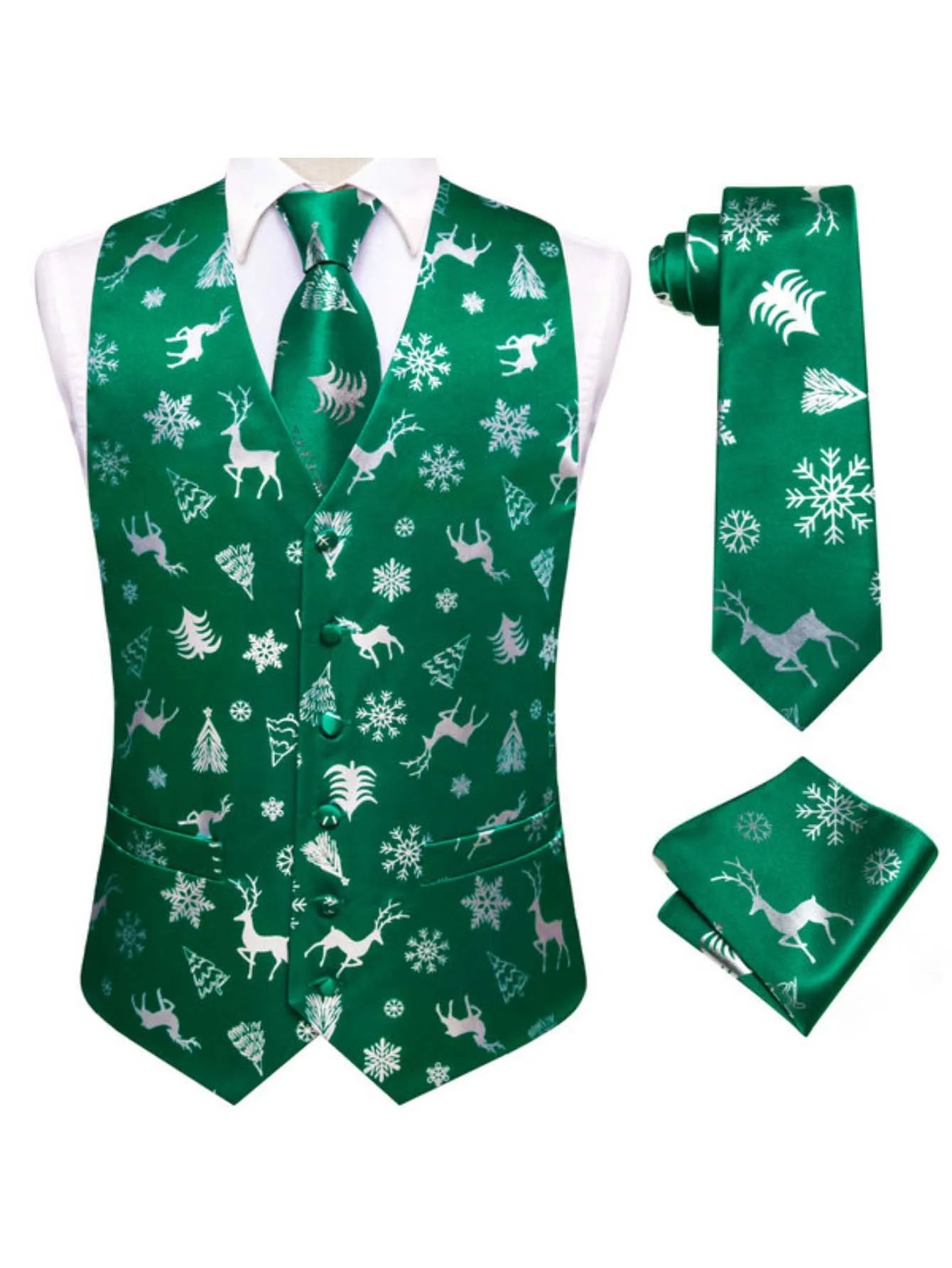 Men's Christmas Print Vest 3-Piece Set: Vest, Tie, Pocket Square, Red Blue Green Yellow for Holiday Parties