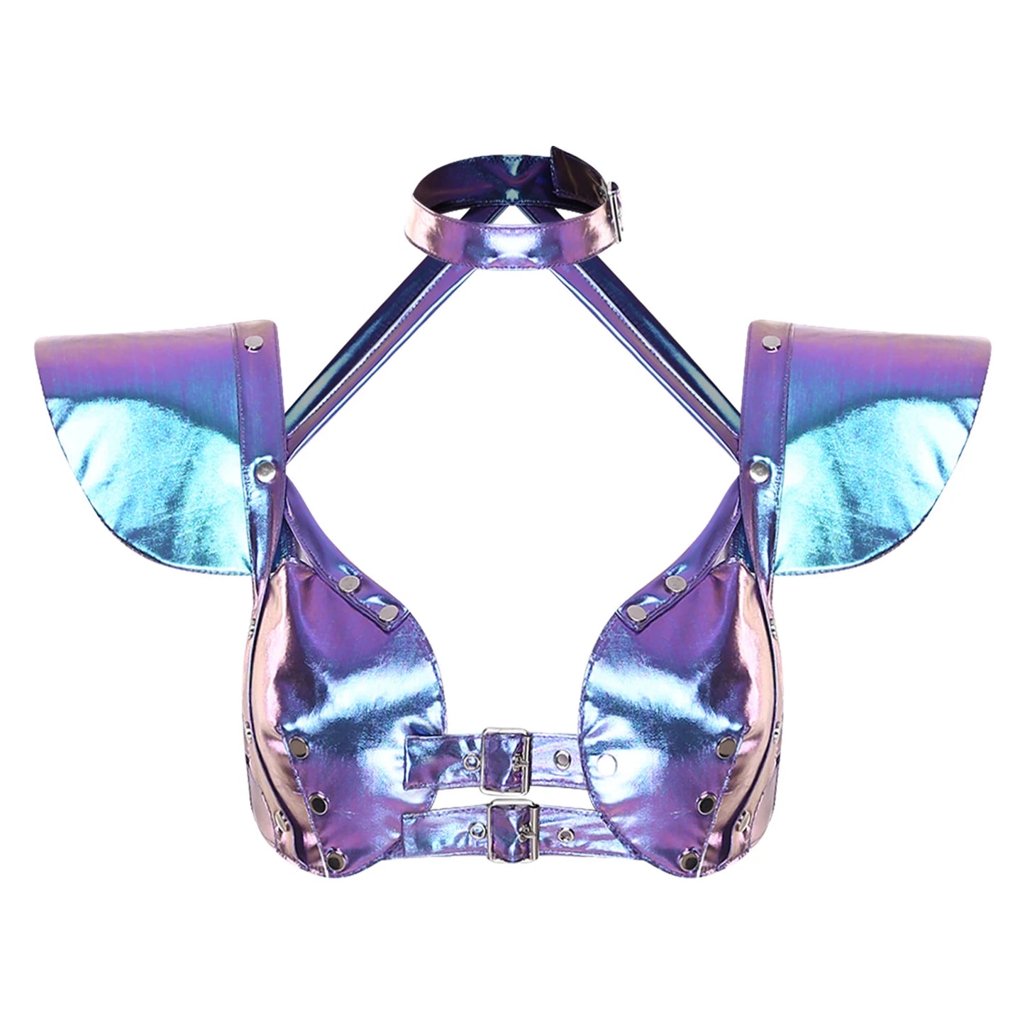 Womens Gothic Shiny Metallic Cut Out Crop Top Holographic Halter Neck Plunging Adjustable Buckles Corset Bustier Shoulder Armor