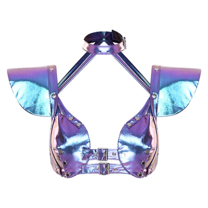 Womens Gothic Shiny Metallic Cut Out Crop Top Holographic Halter Neck Plunging Adjustable Buckles Corset Bustier Shoulder Armor