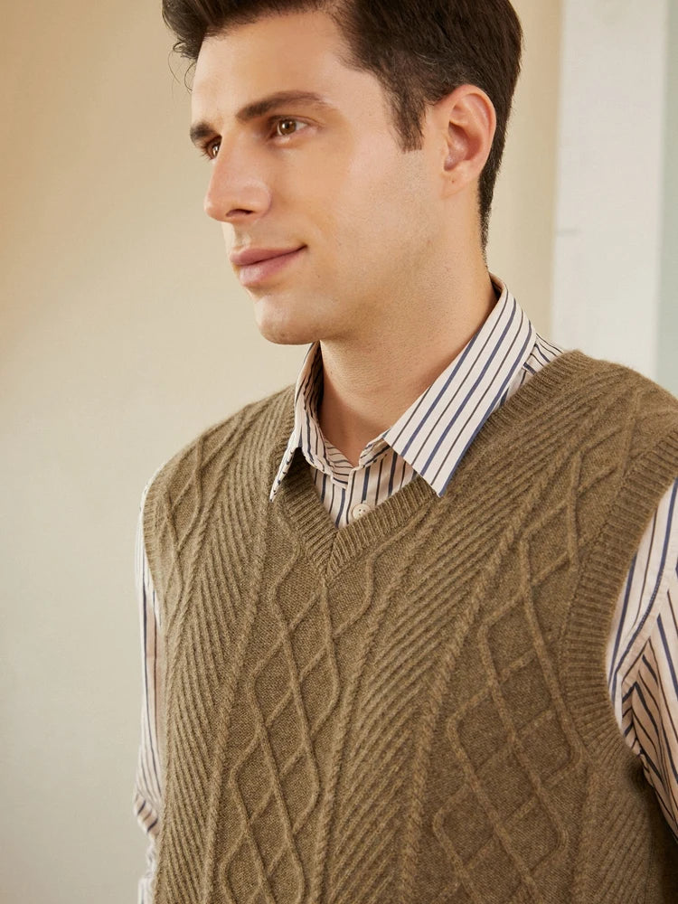 100% pure cashmere sweater men's vest vest V-neck autumn and winter knit loose twisted flower sleeveless thick sweater vest