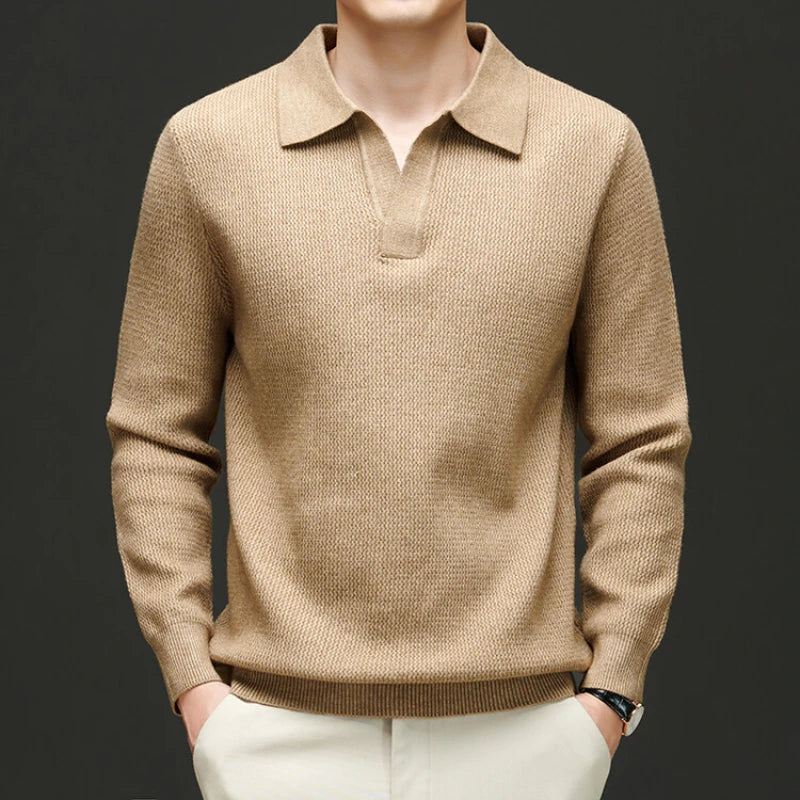 New Men's Shirt Collar Sweater, Business Slim Cashmere Textile Polo Top, Gentleman Thickened Warm and Simple Fashion Pullover
