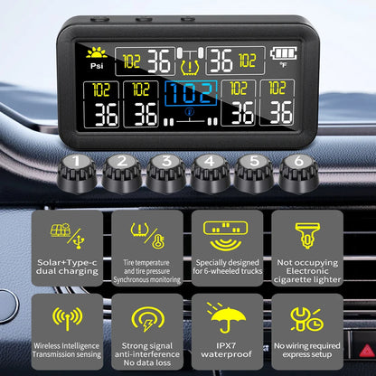0~9.9Bar Truck RV 4/6 External Sensors Car Tire Pressure Alarm Digital LCD Display Solar TPMS Waterproof