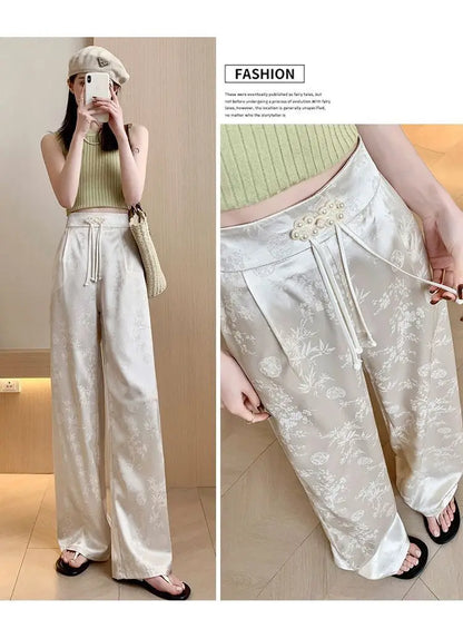 High Waist Loose Straight Pants with Button Knot Pocket New Chinese Style Satin Wide Leg Pants Spring Summer Trousers Pink Black