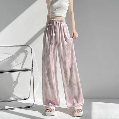 Summer Thin Ice Silk Satin Dyed Wide Leg Pants Women Loose Casual Drape High Waist Slimming Pants Ins Straight Leg Elastic Wa...