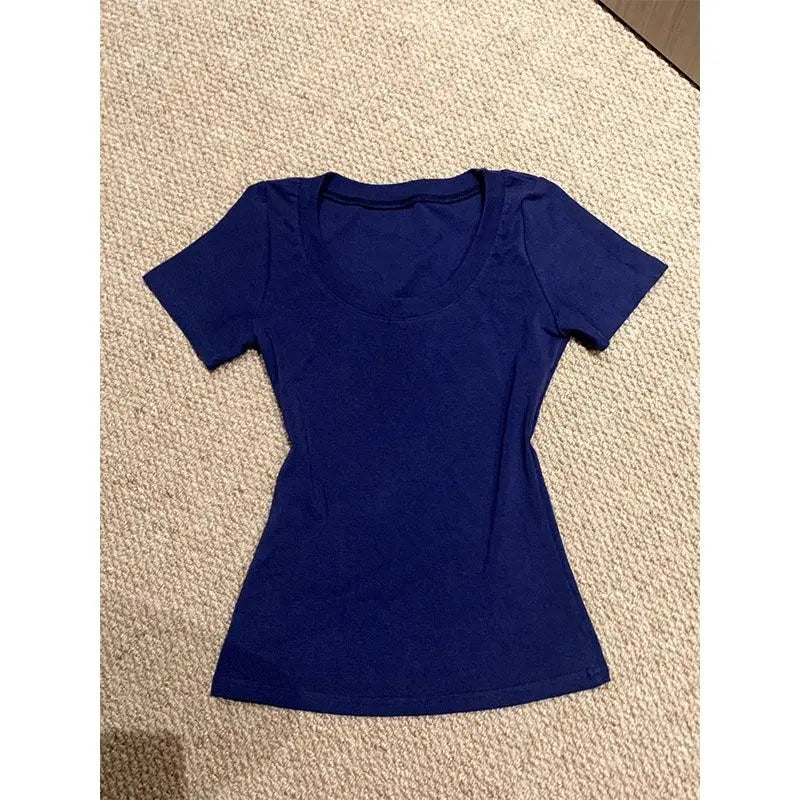 American Retro Shoulder U-neck  Color Short Sleeve T-shirt Women Summer Slimming Waist Pure Desire Short Hot Girl Top