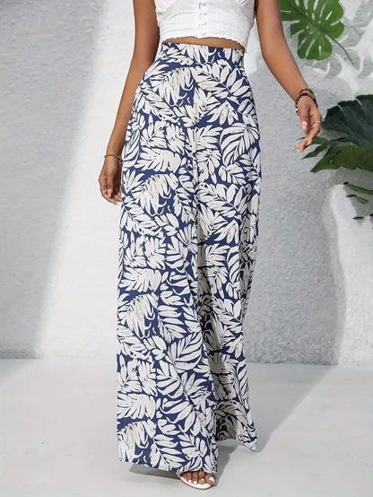 Women's Boho Tropical Leaf Print High Waist Wide Leg Pants Casual Loose Flared Trousers Elastic Waist Summer Beach Wear