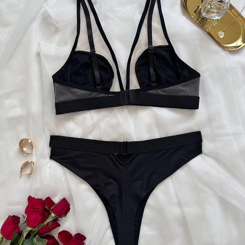 2 Pieces Sexy Lace Underwear Set for Women Mesh Splice Bra Set French Ultrathin Lingerie Deep V Temptation Breathable and Thongs