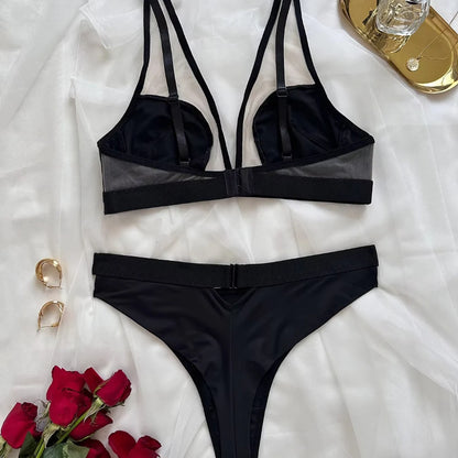 2 Pieces Sexy Lace Underwear Set for Women Mesh Splice Bra Set French Ultrathin Lingerie Deep V Temptation Breathable and Thongs