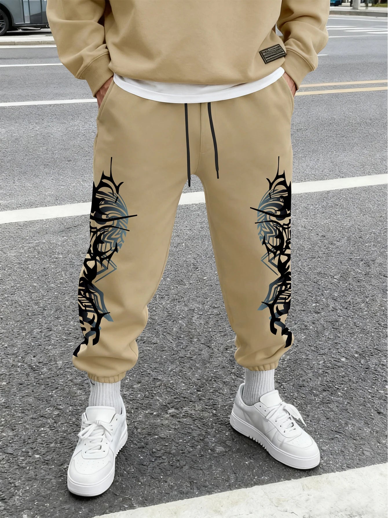 Men's Gothic Double Side Thorn Tribal Abstract Print Sweatpants Elastic Waist Soft Fabric Dark Punk Street Hip Hop Joggers