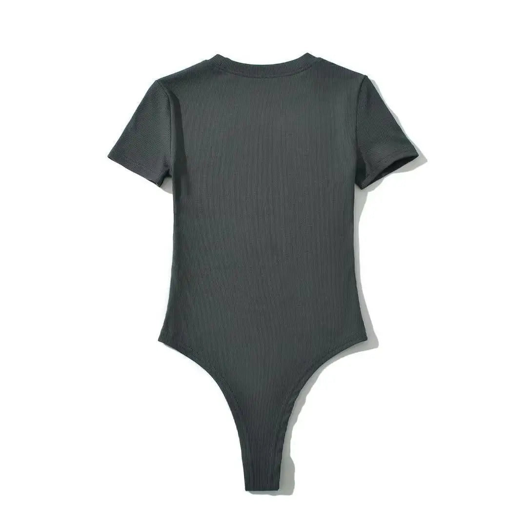 Summer Short Sleeve O-neck Knitted Bodysuits Women Stretchable Slim Basic Solid Color Tops