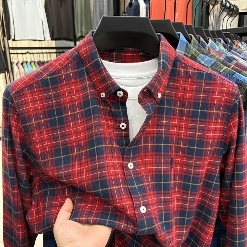 American-style Plaid Long-sleeve Shirt for Men, Pure Cotton Casual Trendy Brand Embroidered Red Shirt Top for Spring and Autumn