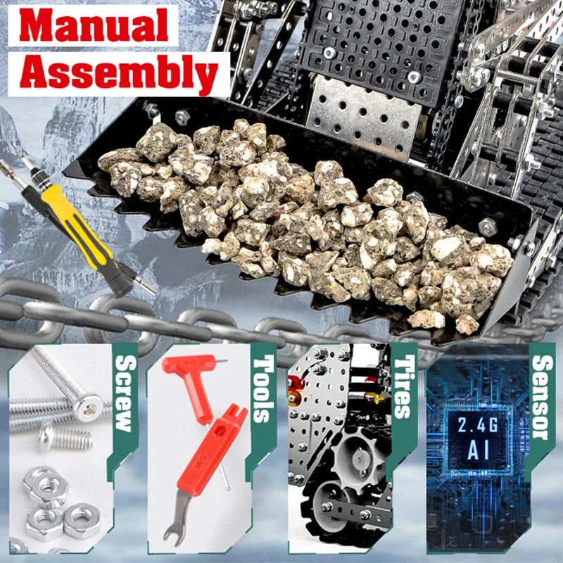 Metal building block tank assembly alloy excavator robot with power system remote control toy