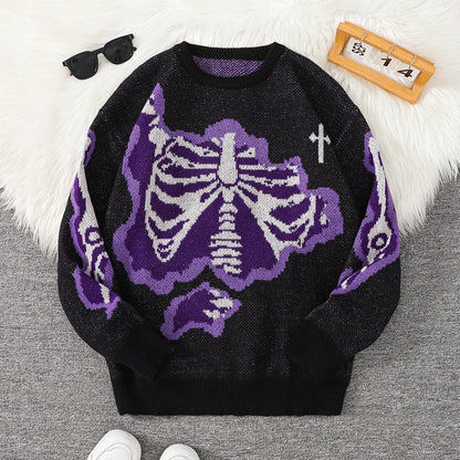 New Trendy Autumn and Winter Skeleton Pattern Pullover Sweater, Casual Round-Neck Color-Blocking Knit Men's Pullover