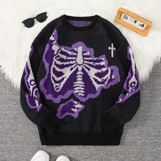 New Trendy Autumn and Winter Skeleton Pattern Pullover Sweater, Casual Round-Neck Color-Blocking Knit Men's Pullover