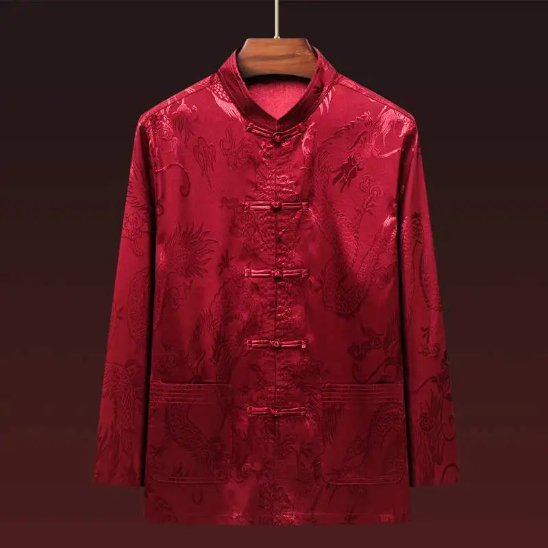 Men's Long Sleeve Ice Silk Tai Chi Suit Traditional Chinese Hanfu Vintage Style Tang Costume Elderly Fashion Dad's Clothing