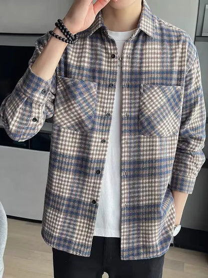 Thickened Plaid Shirt Autumn Winter Men's Korean Version Trend Outerwear Double Pocket Versatile Woolen Coat Shirt