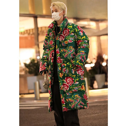 Thickened Long over Knee Hooded Fleece Lined Northeast Big Flower Coat Men's Cotton Jacket Youth Fashion Sport Scene Casual Coat