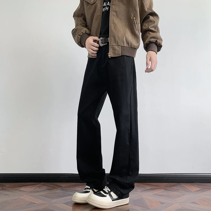 Men's Retro Faded Grey Jeans American Vintage Washed Elastic Denim Pants Loose Wide Leg Casual Streetwear Straight Jean Trousers