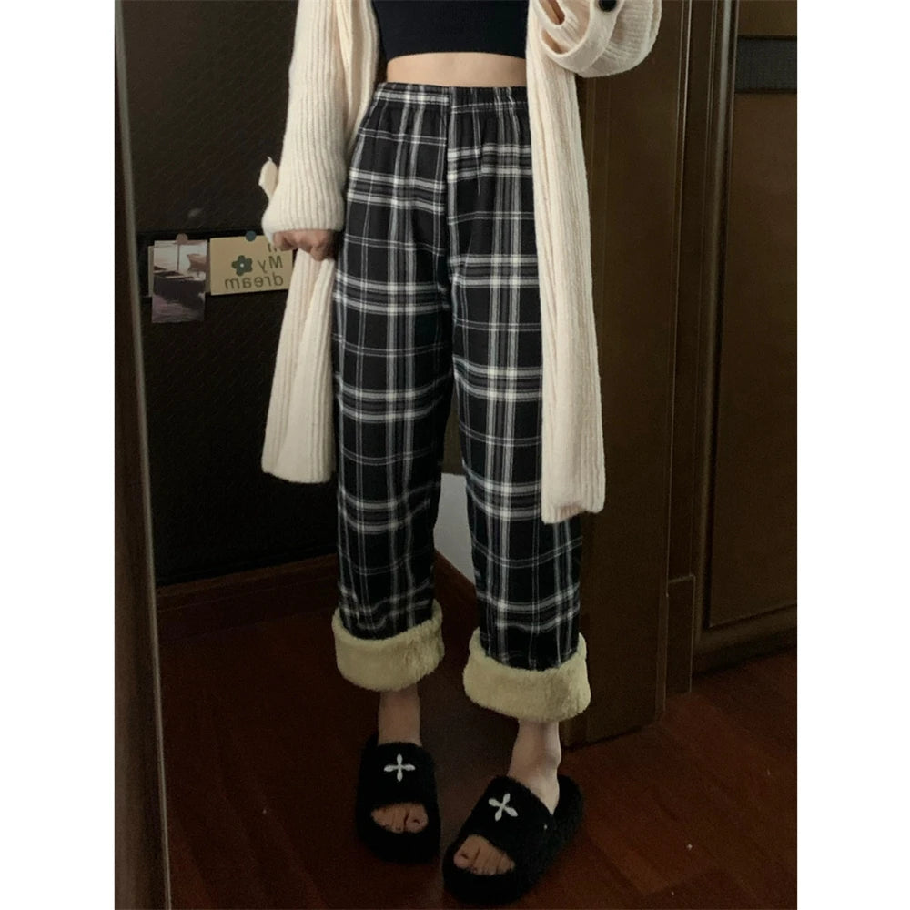Lamb Velvet Fce Lined Thi Plaid Casual Pants Women's Autumn Winter Loose Straight Leg Wide Leg Cotton Spwear Trousers
