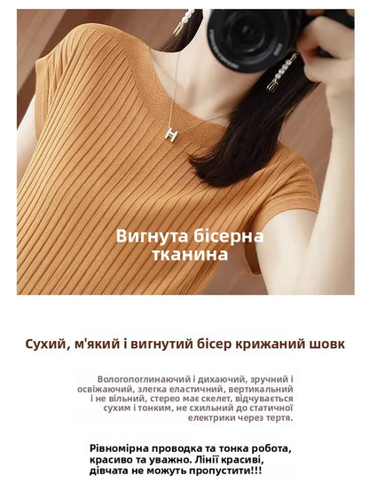 Ice Silk Knitted Top Women Loose Spring Summer New Style Thin Short Sleeve One Shoulder T-Shirt Breathable Comfortable Casual...