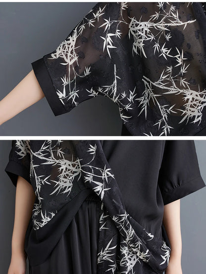 Summer New Loose Artistic Bamboo Print Cross Irregular irt Wide Leg Pants Two Piece Set Good Quali plus Size Faionable