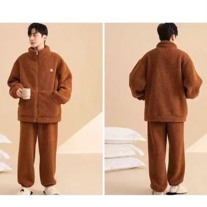 Winter Men's Pajamas Coral Fleece Comfortable Casual Indoor Home Wear Thickened Zipper Thermal Cardigan Pajamas 2 Piece Sets