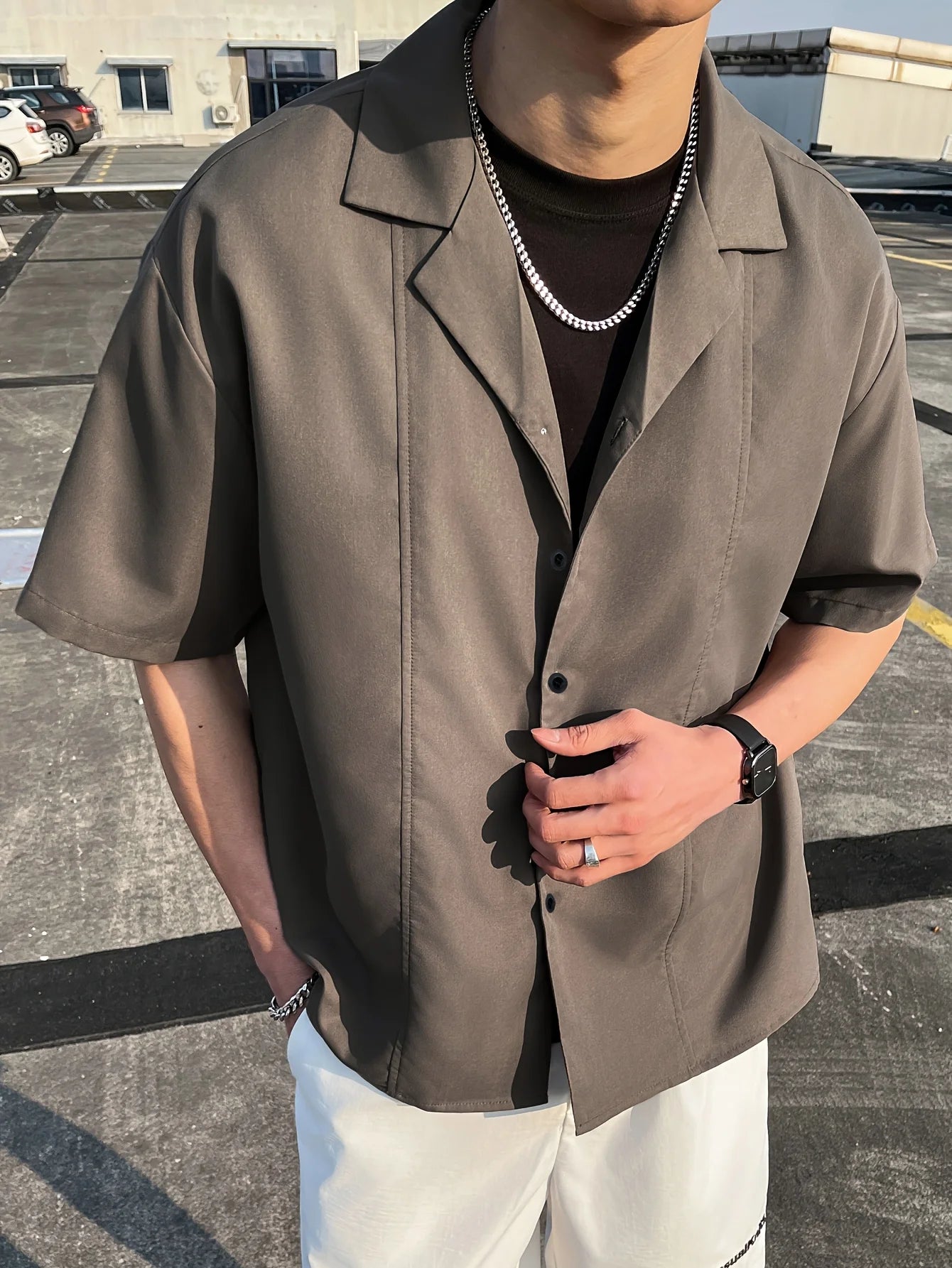 Men's Cuban Collar Casual Short Sleeve Shirt, Summer Solid Color Loose Draped Button-Up Top
