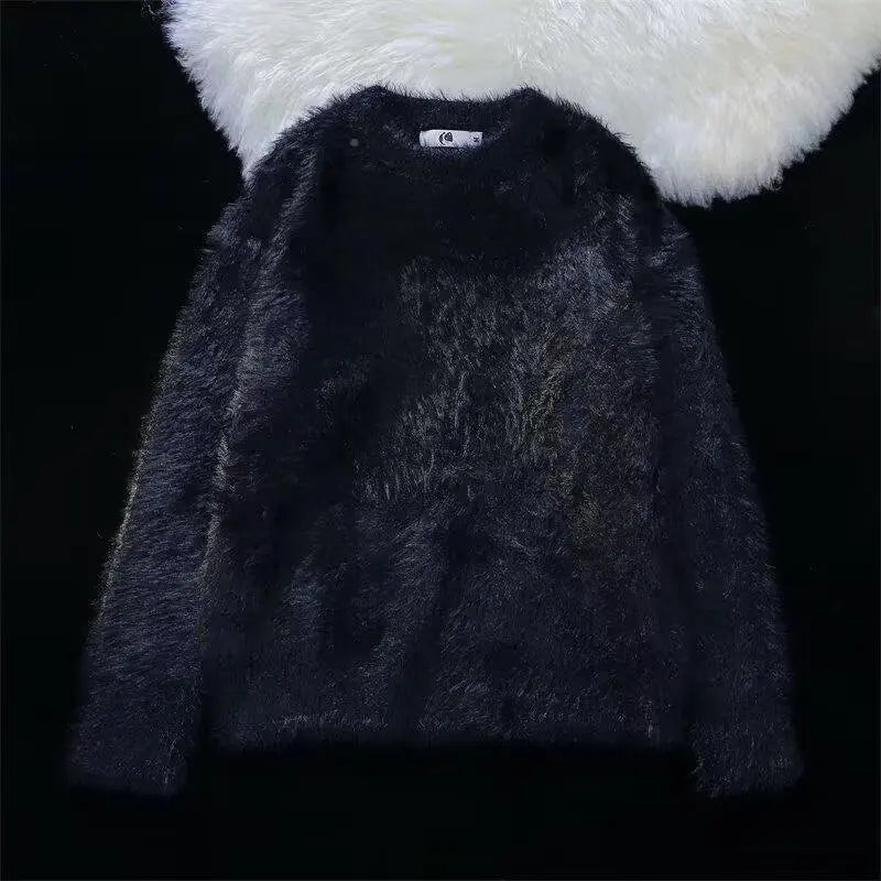 Winter Fur-like Soft Pure Color Sweater with High-end Feel, Long Sleeve, Round Neck, Knitwear, and Knitted Garment for Men and W