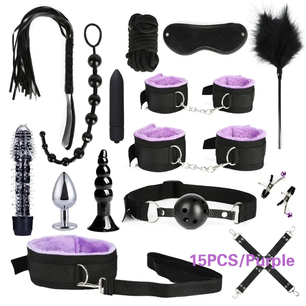 Sex Products Erotic Toys for Adults BDSM Sex Bondage Set Handcuffs Nipple Clamps Gag Whip Rope Sex Toys For Couples