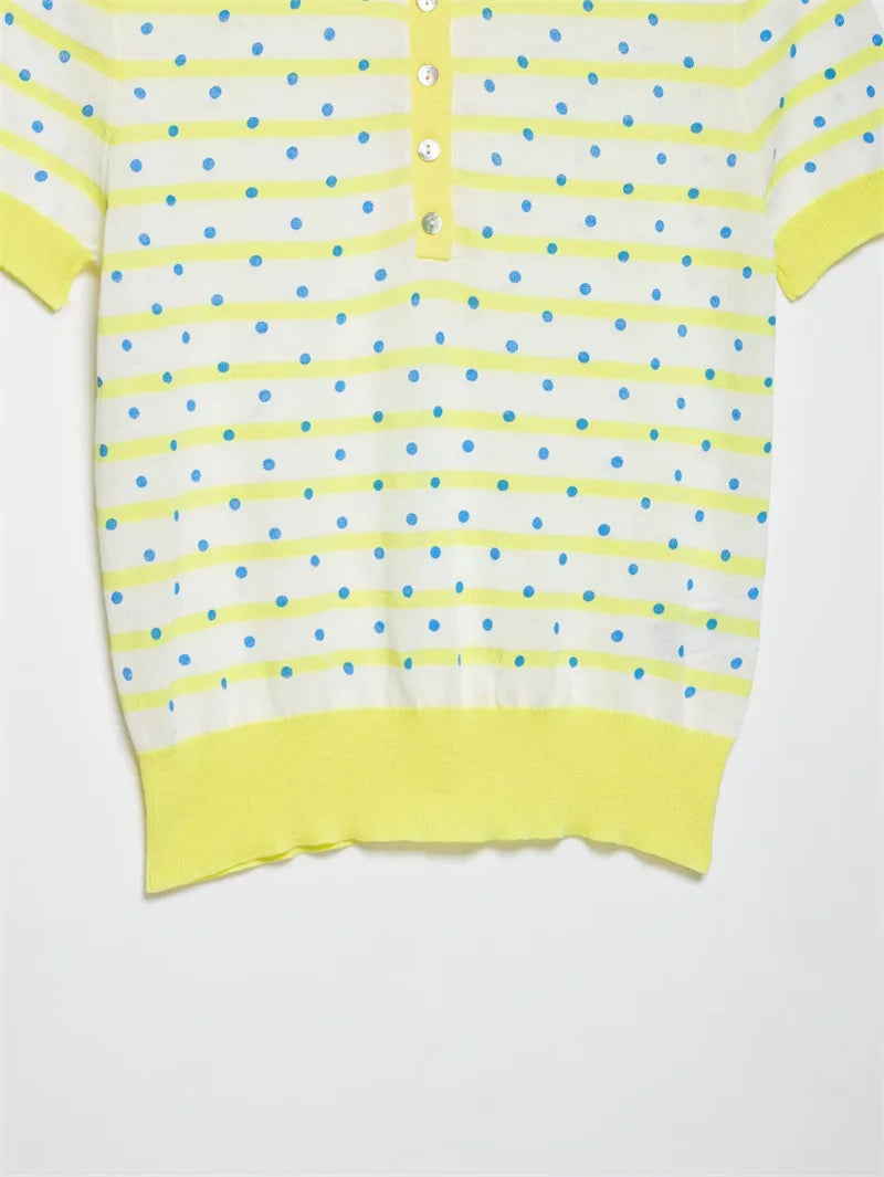 Women's Top 2026 New Fashion Summer Polka Dot Striped Knit Top Elegant Chic Vacation Style Ladies Top