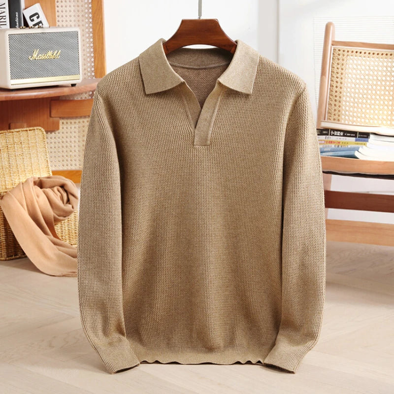 New Men's Shirt Collar Sweater, Business Slim Cashmere Textile Polo Top, Gentleman Thickened Warm and Simple Fashion Pullover